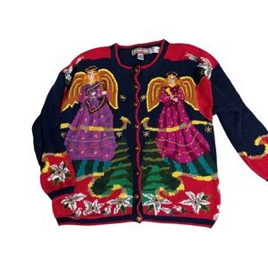 Cardigan Bay  Hand knit Angel Christmas Trees Knitted Sweater Navy Red Women 1X